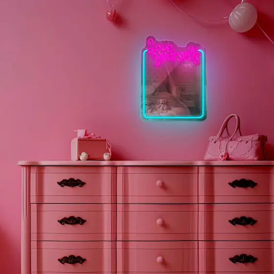 Neon LED ogledalo LOVE YOURSELF tirkizna/roza FMNE01 Forever Light
