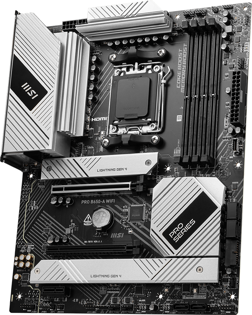 MSI PRO B650-A WIFI AM5 DDR5 AMD B650 SATA 6Gb/s 2.5G LAN Wi-Fi 6E, Bluetooth 8-Channel (7.1) HD Audio AMD Ryzen 9000 / 8000 / 7000 ATX Motherboard