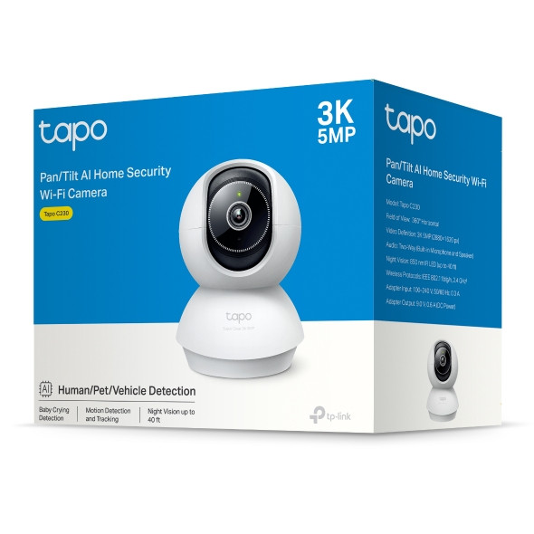TP-Link Tapo C230 Pan/Tilt AI Home Security Wi-Fi Camera, 3K 5MP (2880x1620), 2.4 GHz, Horizontal 360, Pan/Tilt, Smart AI Detection and Notifications (motion, people, pets, cars, baby crying,