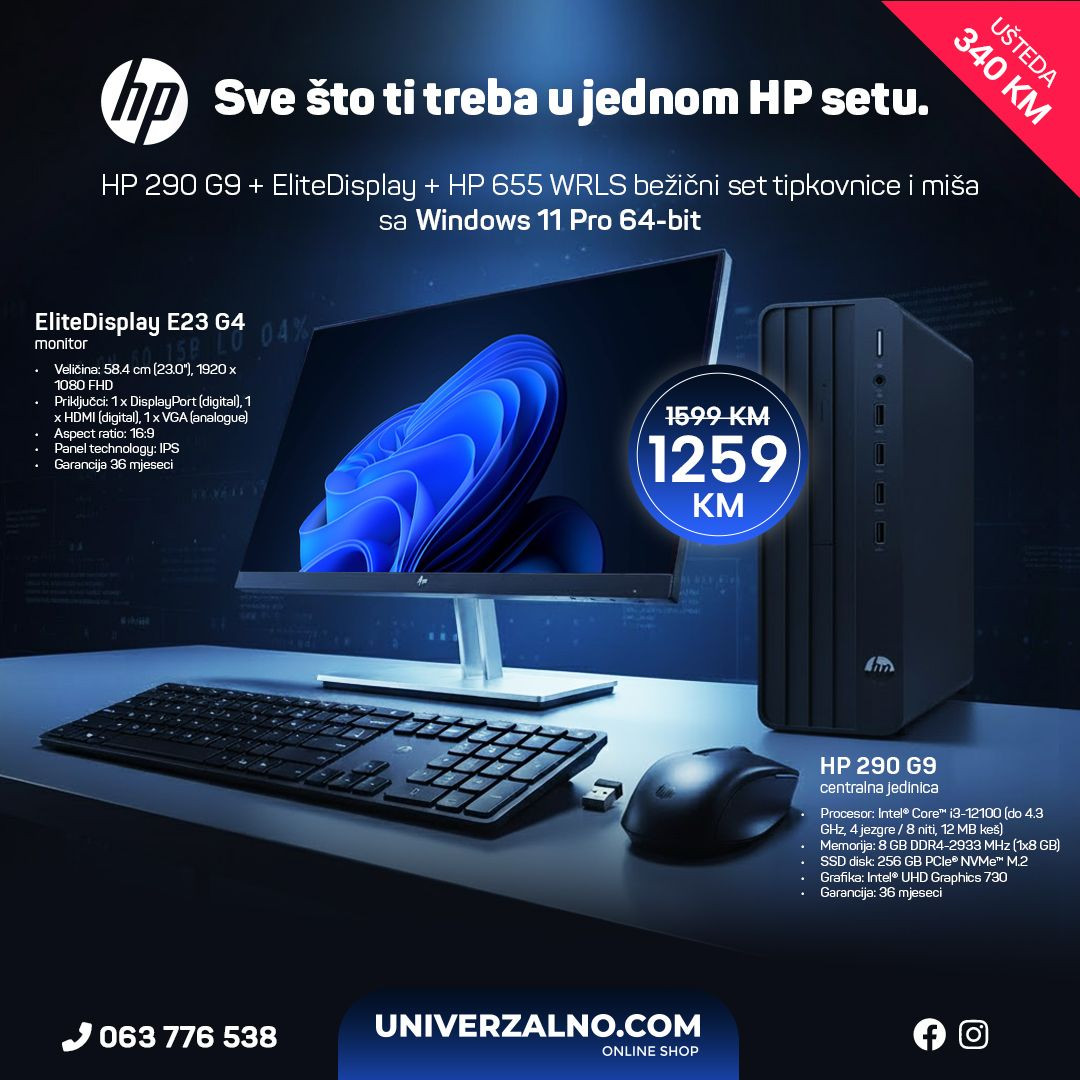 Računar HP 290 G9  + HP EliteDisplay E23 G4 23" + HP 655 WRLS Combo Set